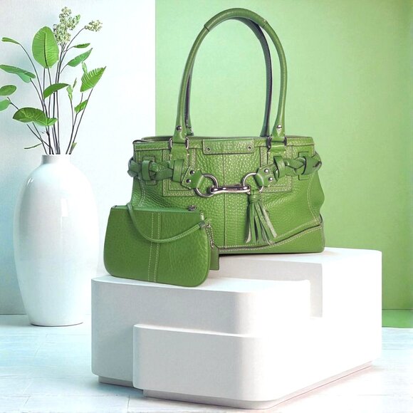 Coach Handbags - COACH Hampton Pebble Green Leather Satchel & matching wallet